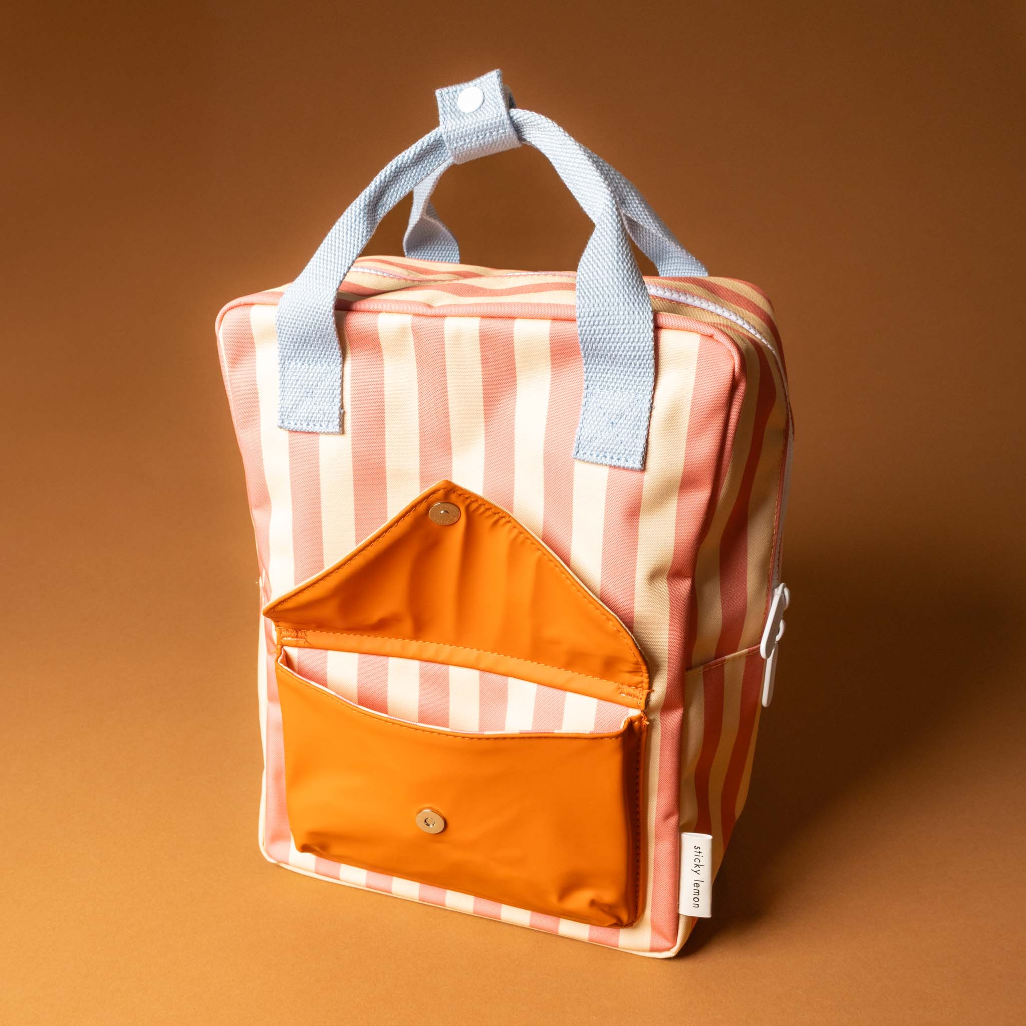 recycled-wonders-envelope-backpack-medium-melon-stripe-open-orange-front-pocket-blue-straps