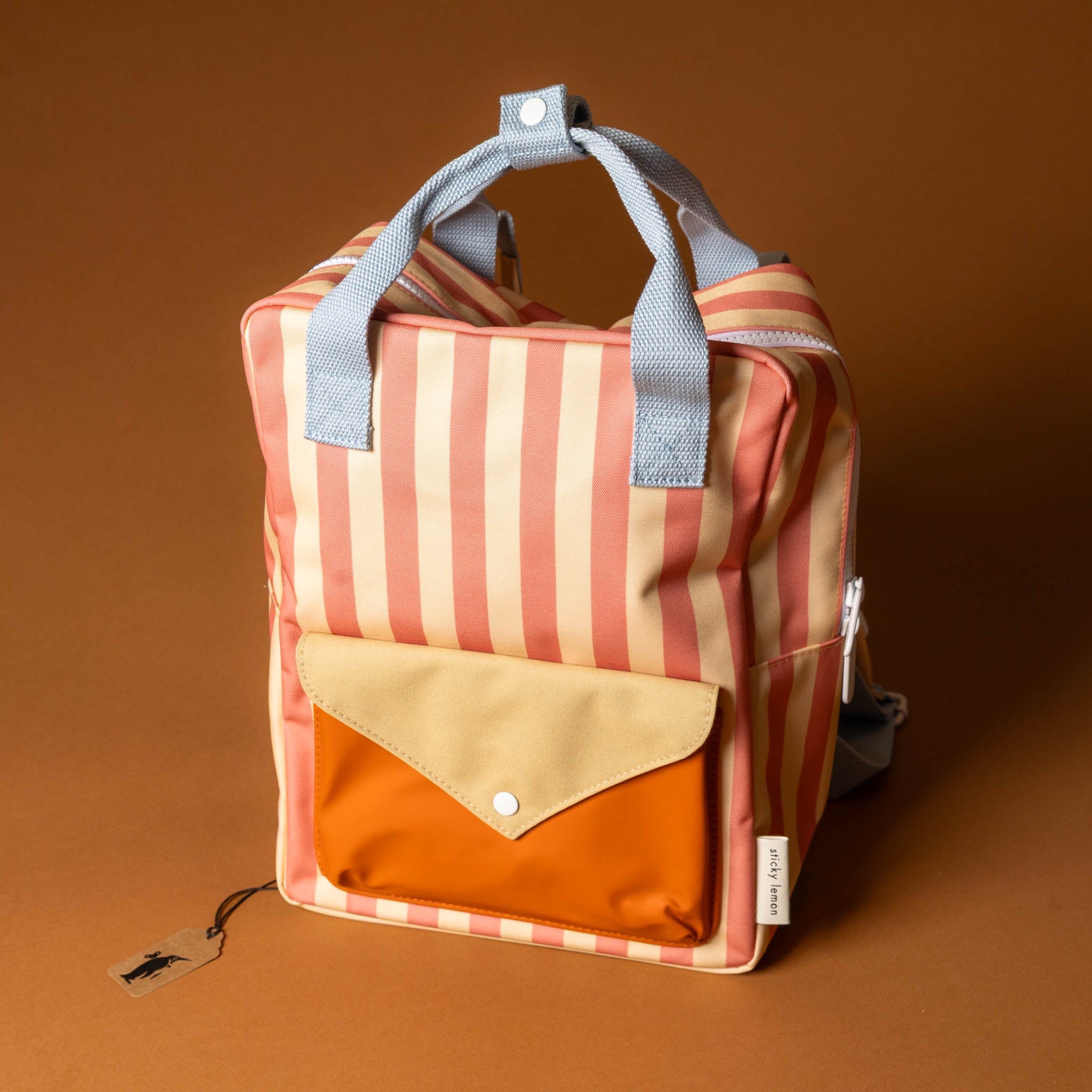 recycled-wonders-envelope-backpack-medium-melon-stripe-orange-front-pocket-blue-straps