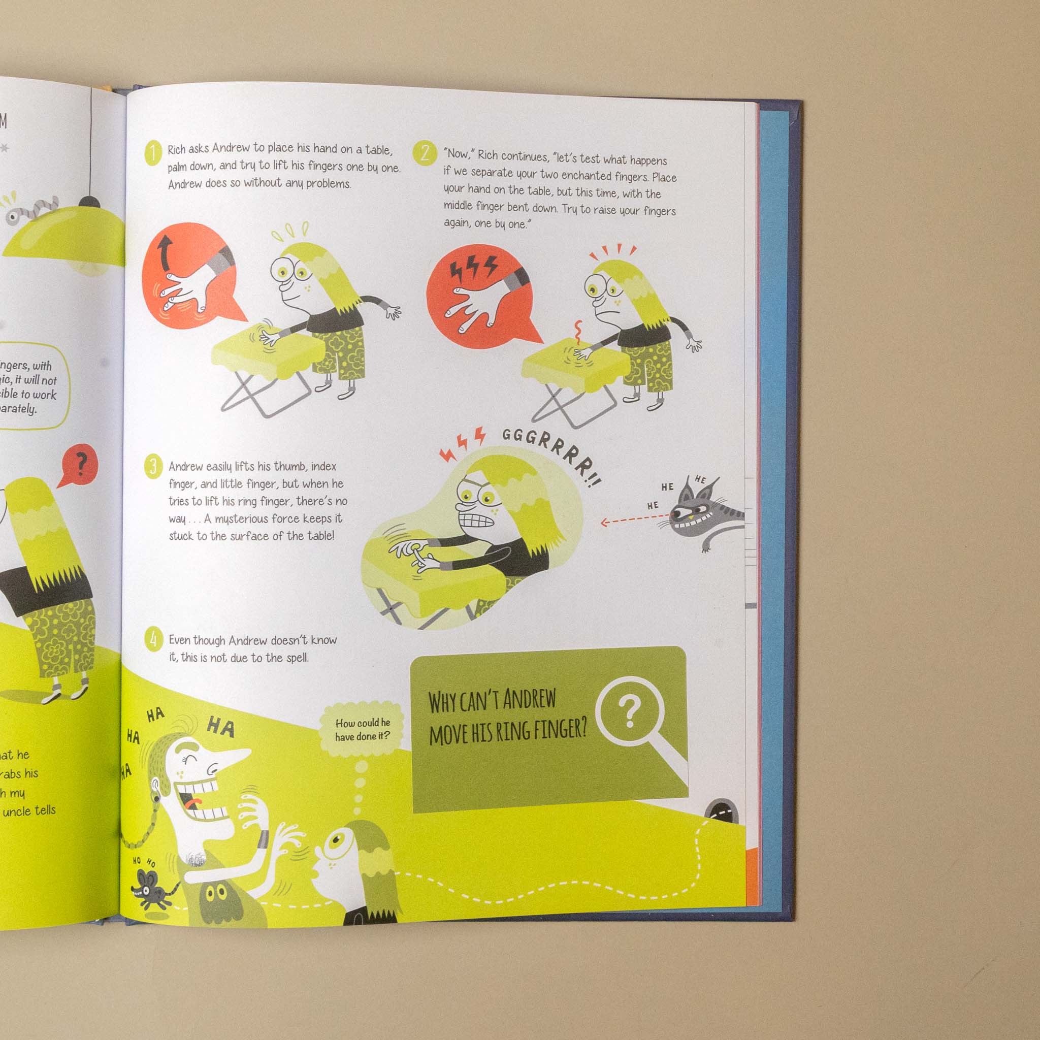An open children's book spread showing illustrated pages with numbered steps and humorous cartoon drawings on a beige surface.