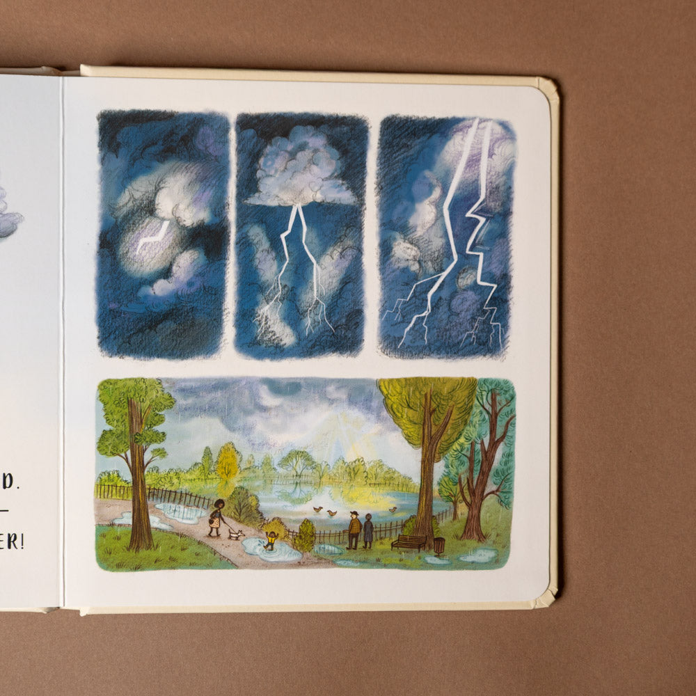 slow-down-in-the-park-board-book Illustrated book page showing a stormy sky with lightning and a park scene with people and trees.