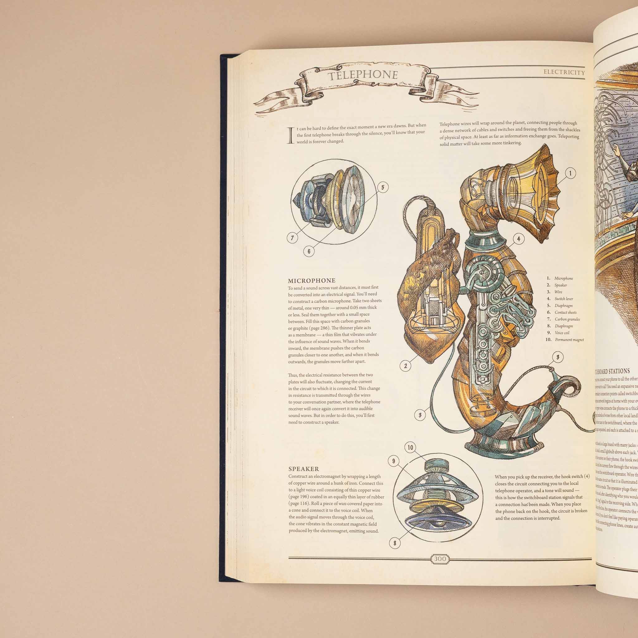 the-book-the-ultimate-guide-to-rebuilding-civilization Open book showing detailed illustration of a vintage telephone on a beige background