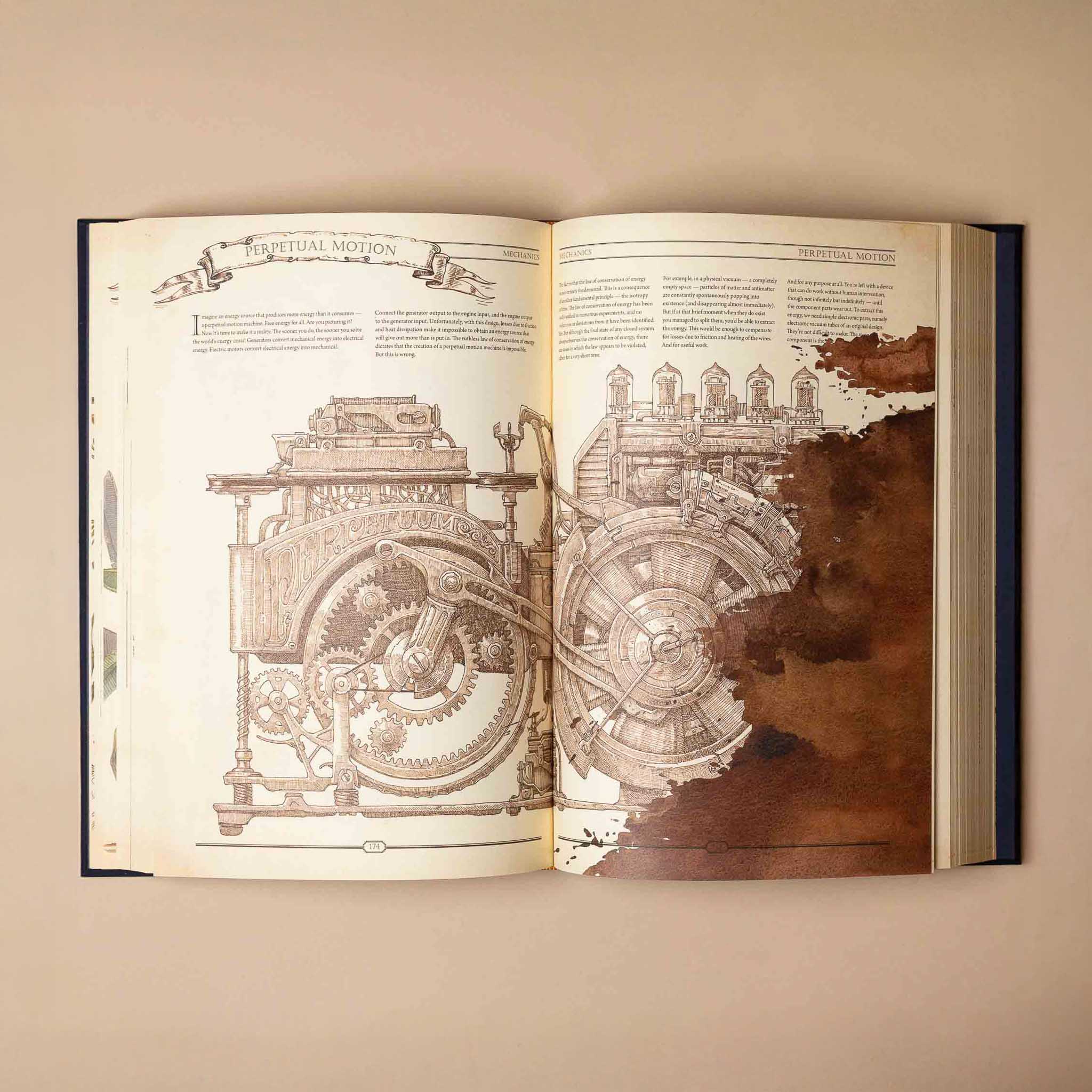 the-book-the-ultimate-guide-to-rebuilding-civilization Open book with detailed mechanical illustrations on a beige background