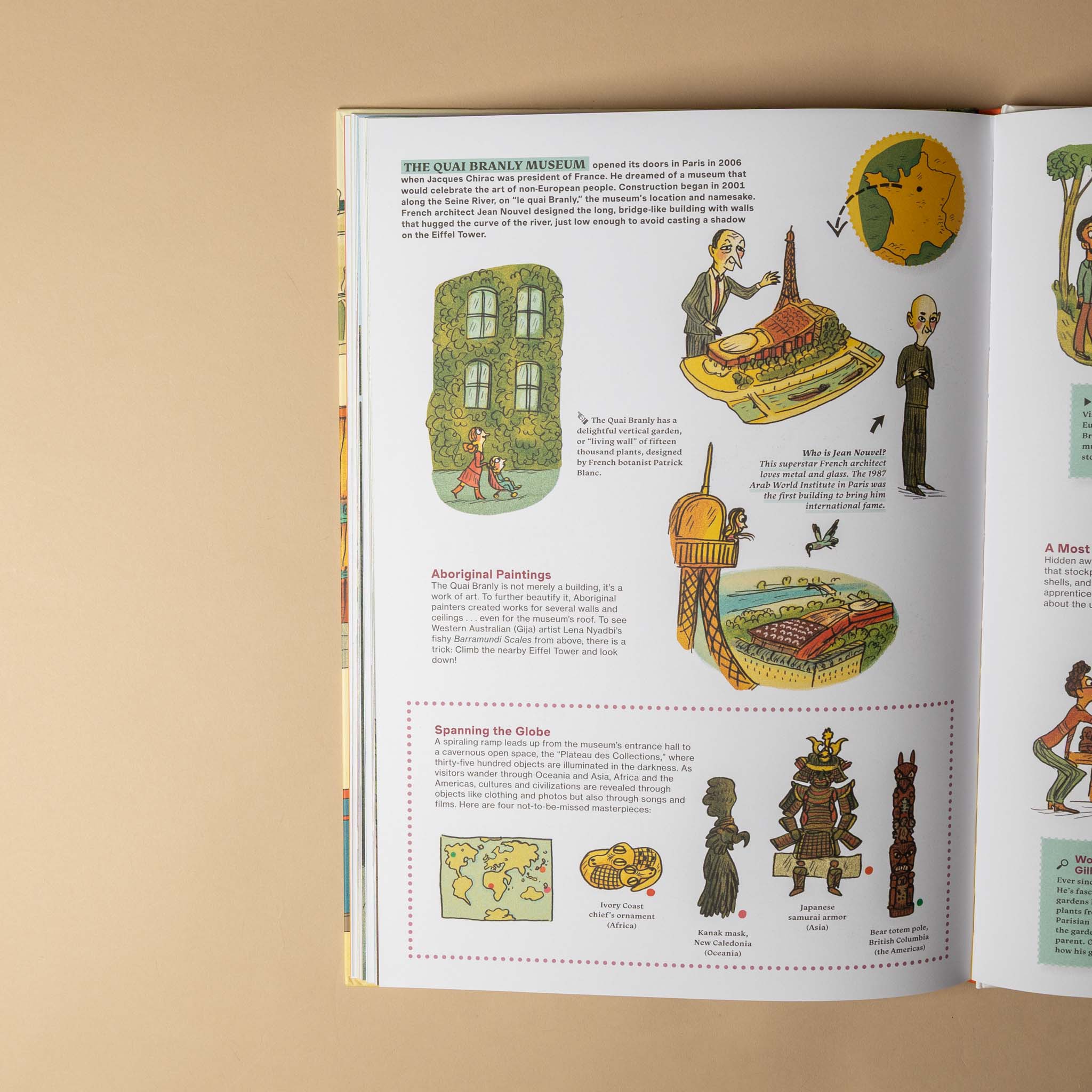 the-great-big-book-of-museums Open book with illustrated pages on a beige background