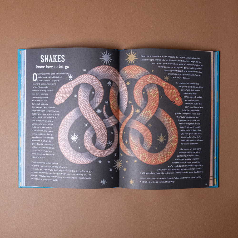 the-hidden-wisdom-of-animals Open book showing illustrations of snakes with text on a brown background