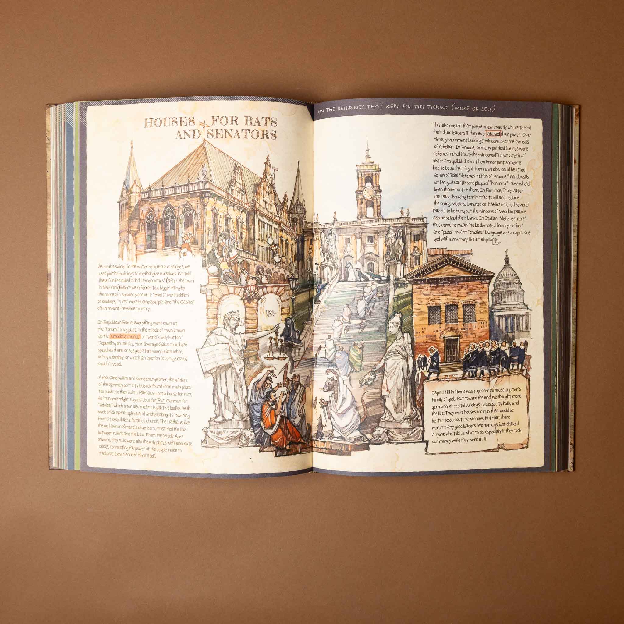 the-last-book-diary-of-the-last-earthling Open book showing detailed illustrations the house for rats and senators of classical architecture and figures on a brown background