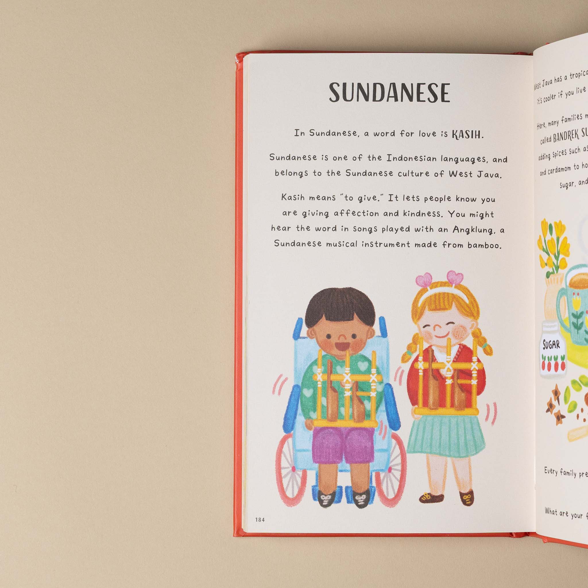 the-little-book-of-love-100-ways-to-say-i-love-you-around-the-world Open book with illustrations of two children and text about Sundanese language on a beige background