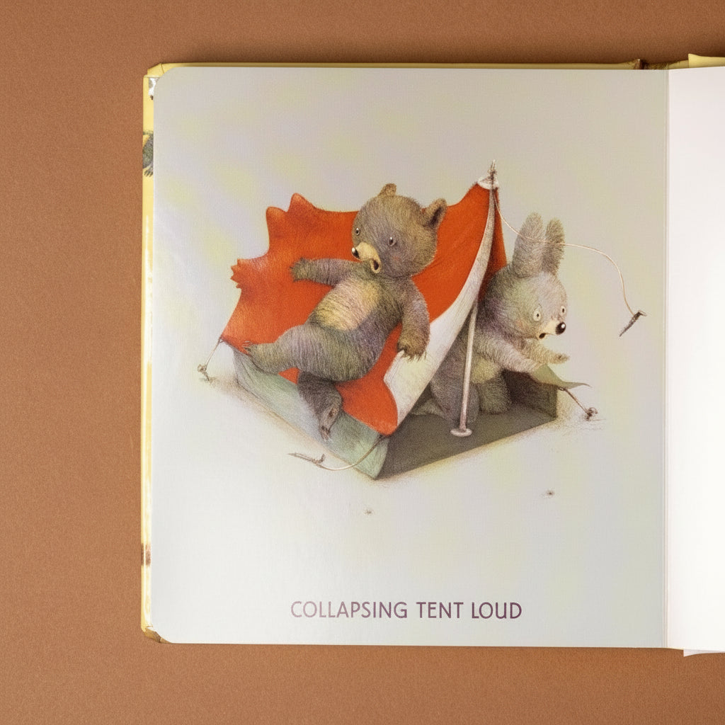 the-loud-board-book-interior-page-with-a-bear-falling-into-rabbits-tent-with-text-collapsing-tent-loud