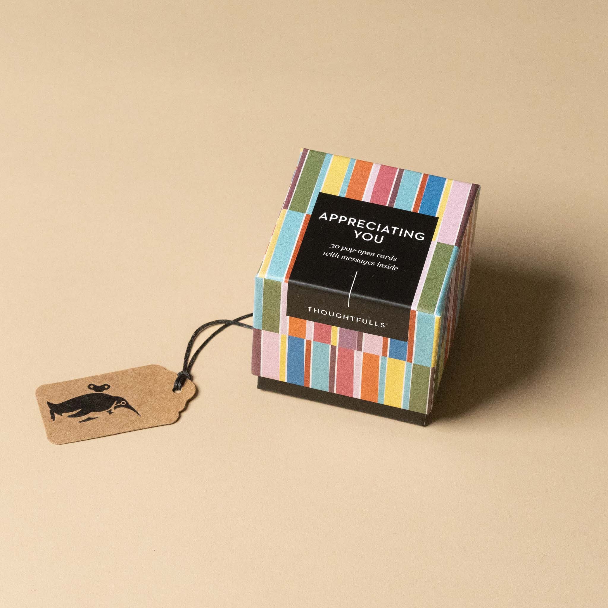 thoughtfulls-pop-open-cards-appreciating-you Box of cards with a colorful striped design and a tag on a beige background
