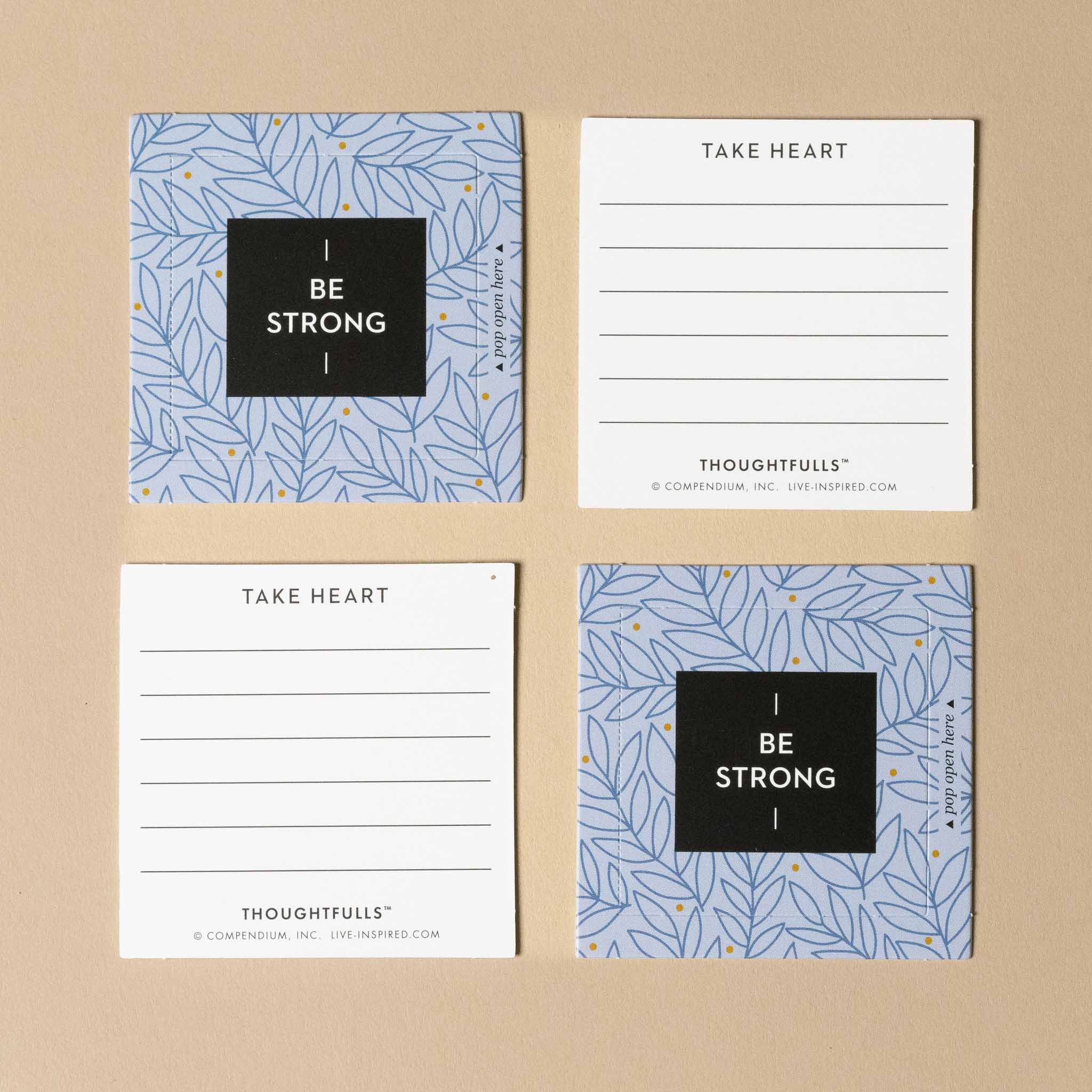 thoughtfulls-pop-open-cards-be-strong Set of four cards with motivational phrases on a beige background