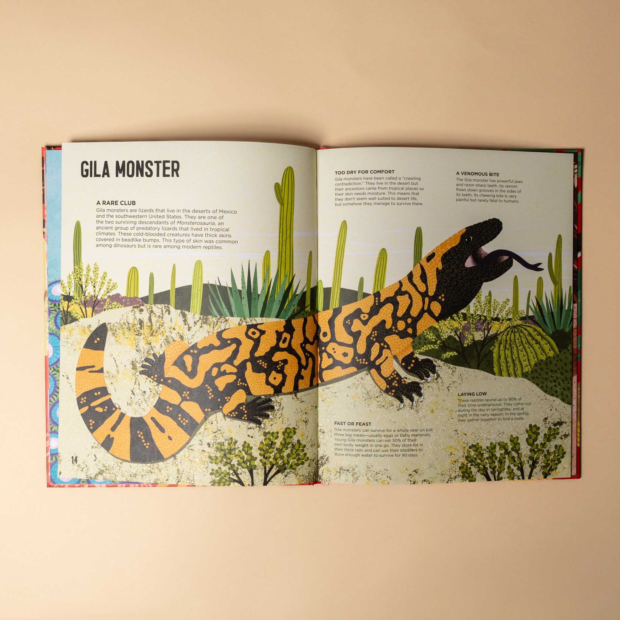 toxic-the-worlds-deadliest-creatures Open book showing a colorful illustration of a Gila Monster in a desert landscape.