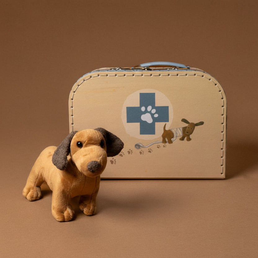 veterinary-case Plush dachshund toy next to a small suitcase with a pet-themed design on a brown background
