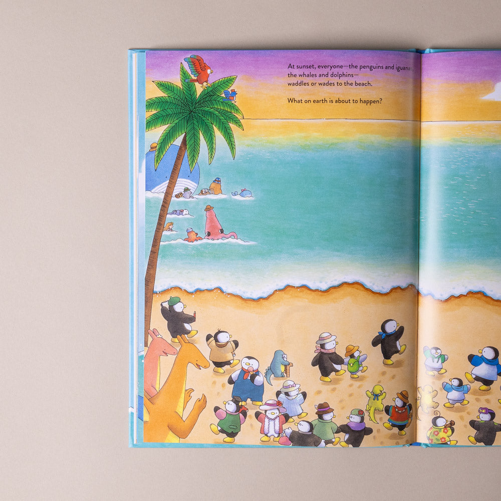 welcome-to-the-penguin-cruise-seek-and-find-adventure Open book showing a colorful illustration of penguins and animals on a beach with a palm tree.