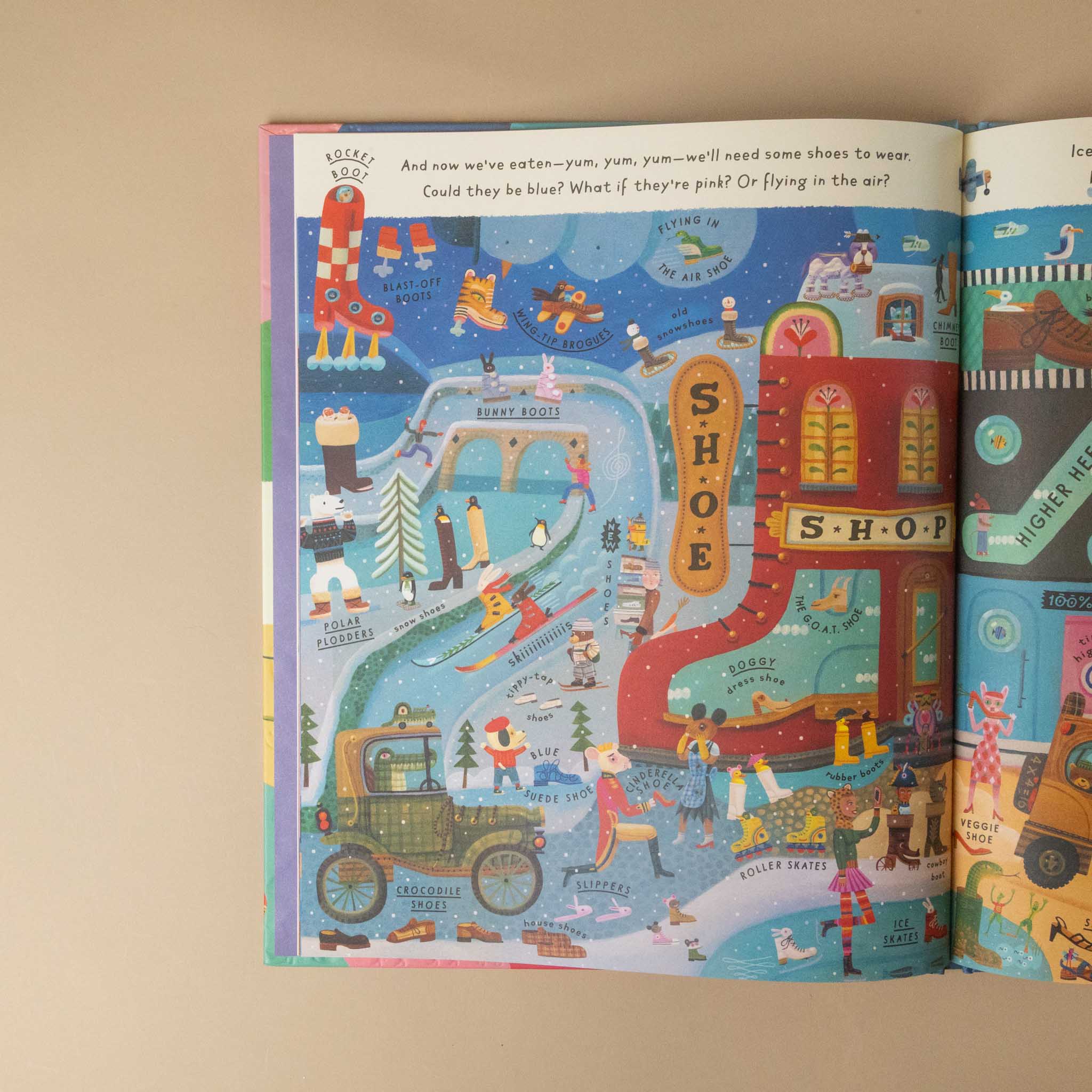 Illustrated what-if-grow-your-imagination book page with a colorful scene of a shoe shop and various characters on a beige background