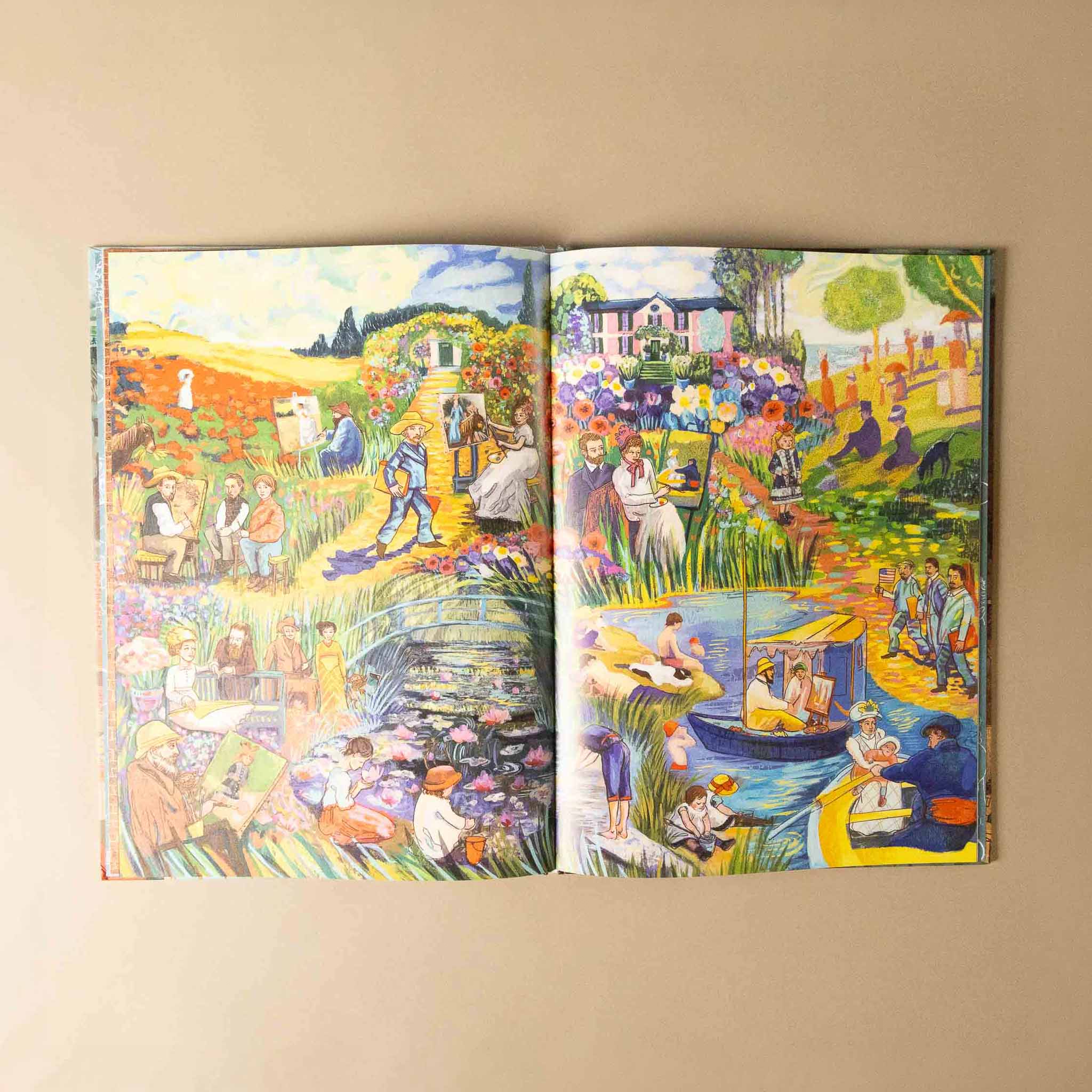 Open where-is-the-artists-seek-and-find-book with colorful illustrations of a garden scene on a beige wall.