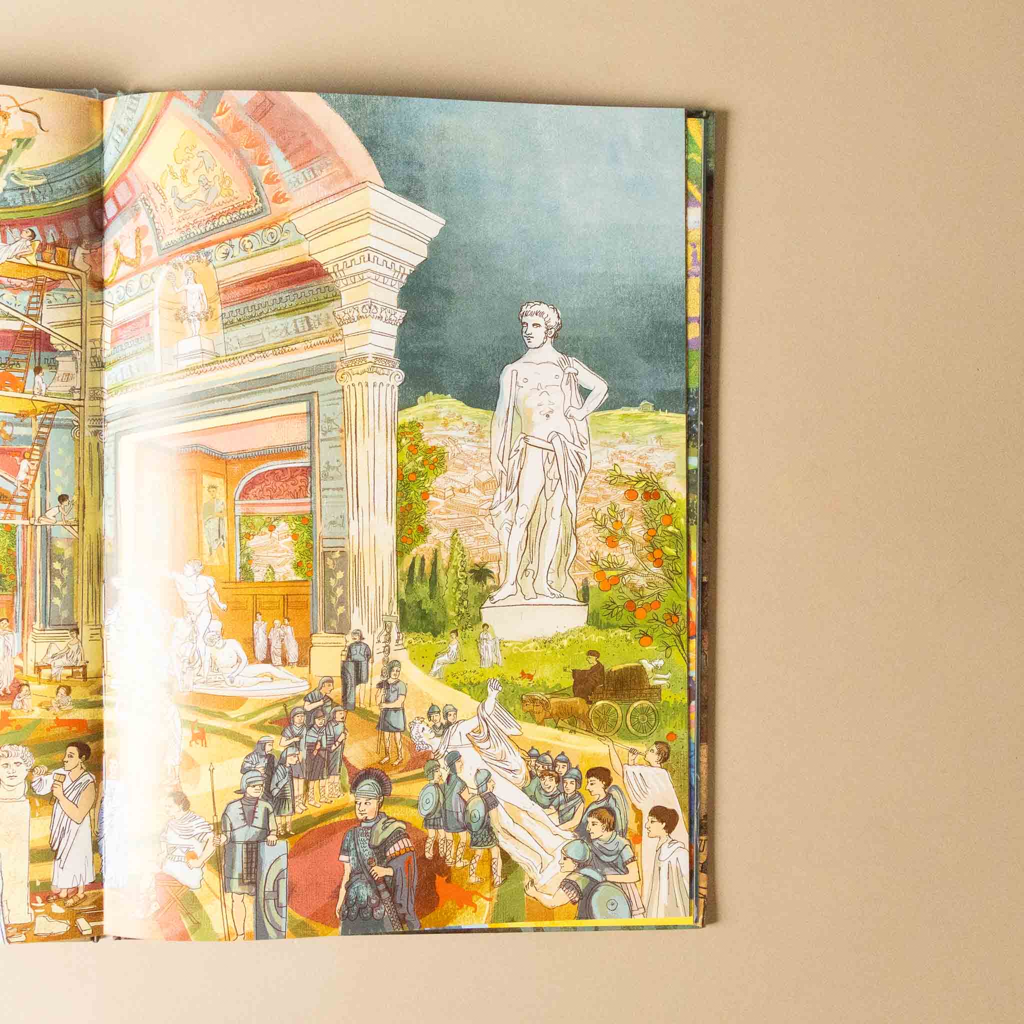 where-is-the-artists-seek-and-find-book Decorative wall art depicting a classical scene with a statue and people in a garden setting.