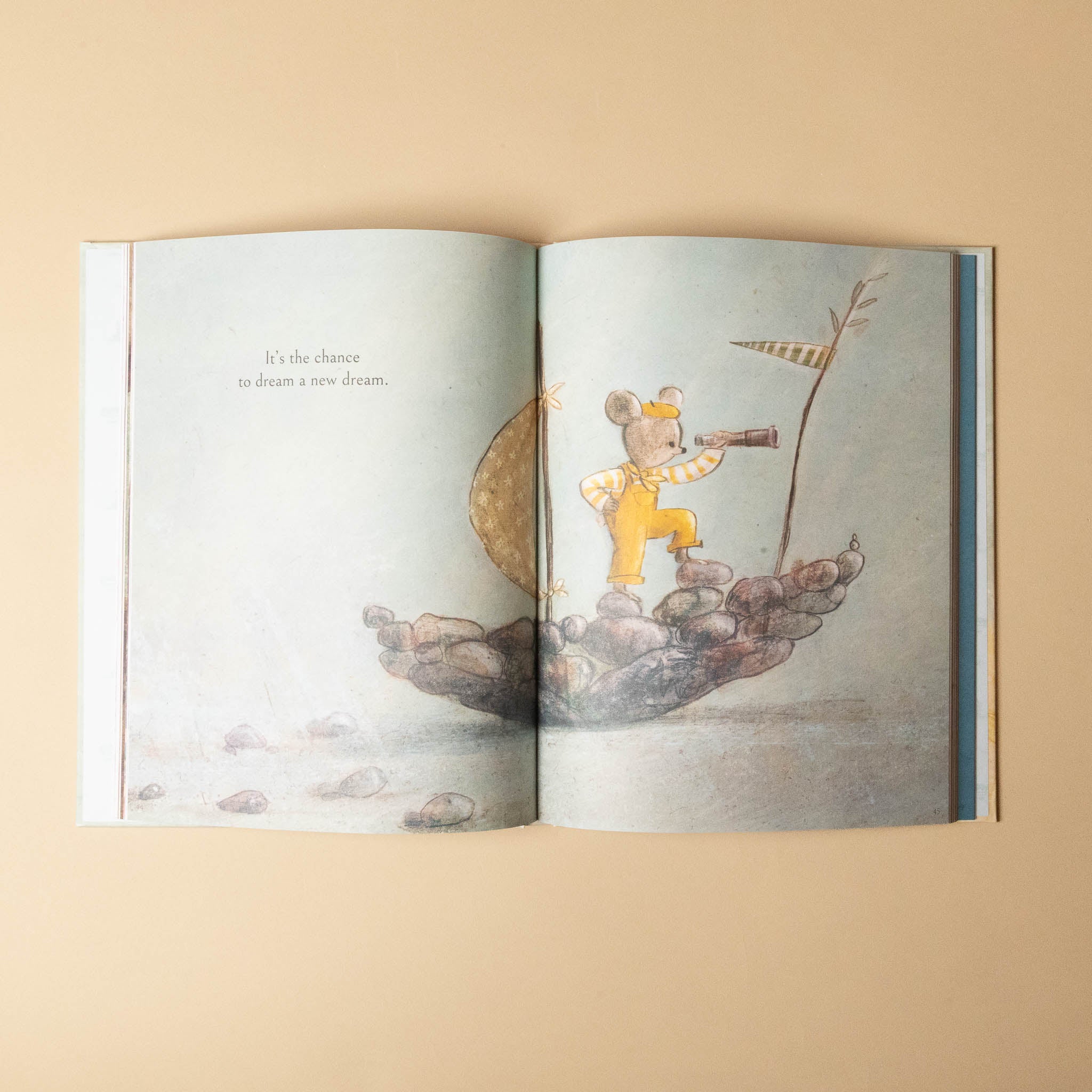 Open wherever-you-go-my-love-will-follow with a colorful illustration of a bear on a raft against a beige background