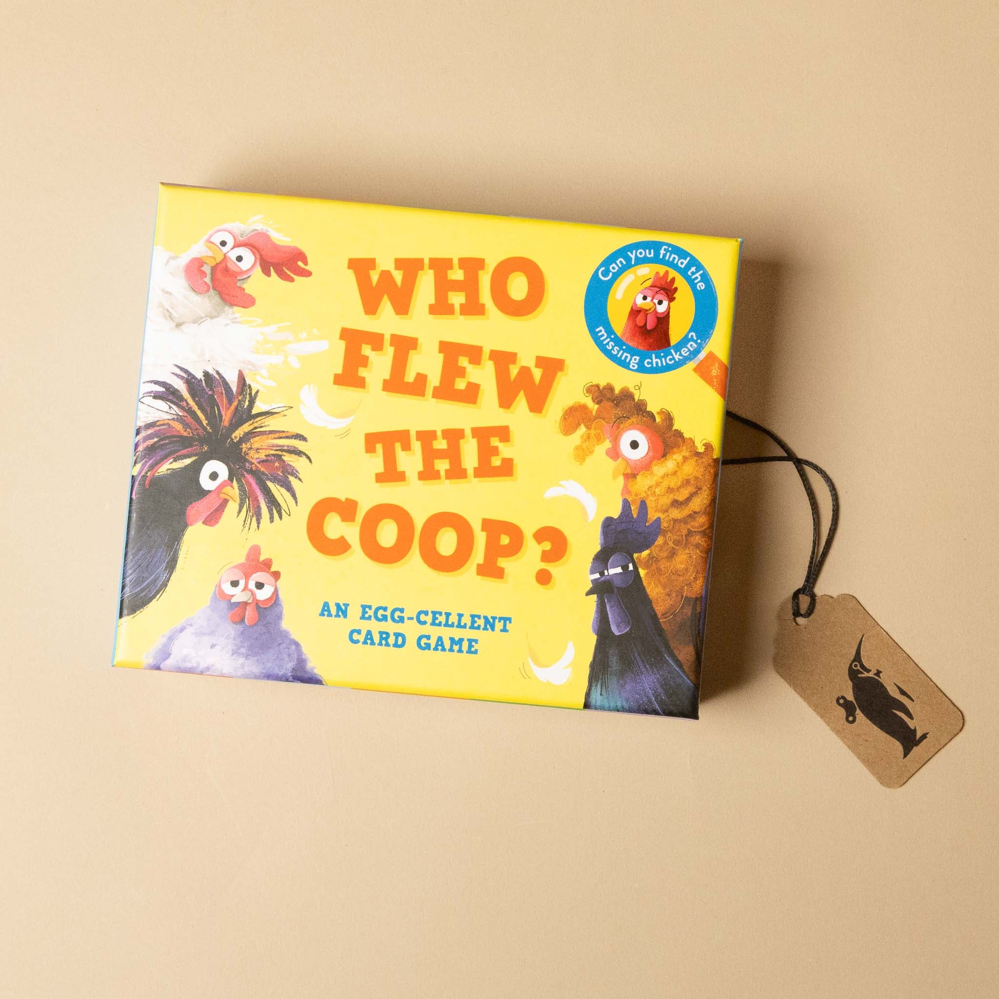 Card game box titled 'Who Flew the Coop?' with colorful illustrations of chickens on a beige background.