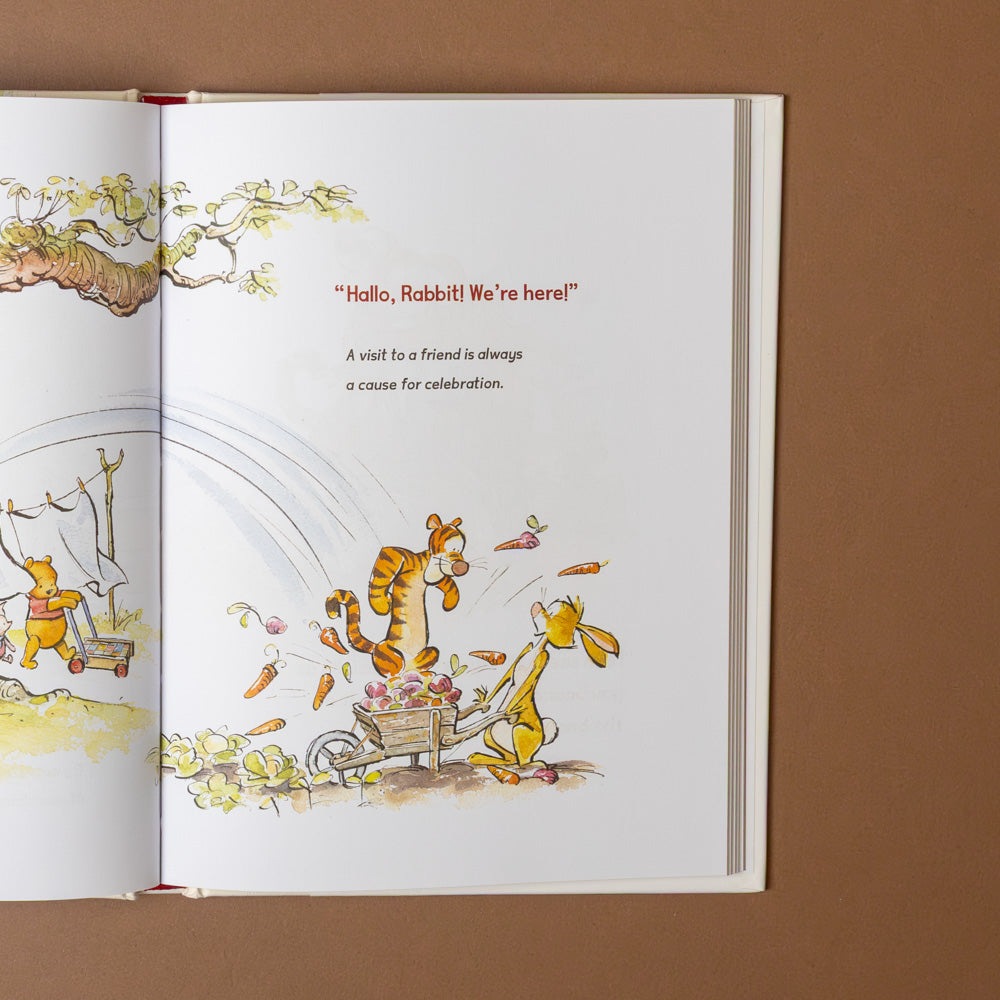 winnie-the-pooh-the-little-things-in-life Open book with illustrated pages featuring tigger-and-rabbit- winnie the pooh characters and text on a brown background