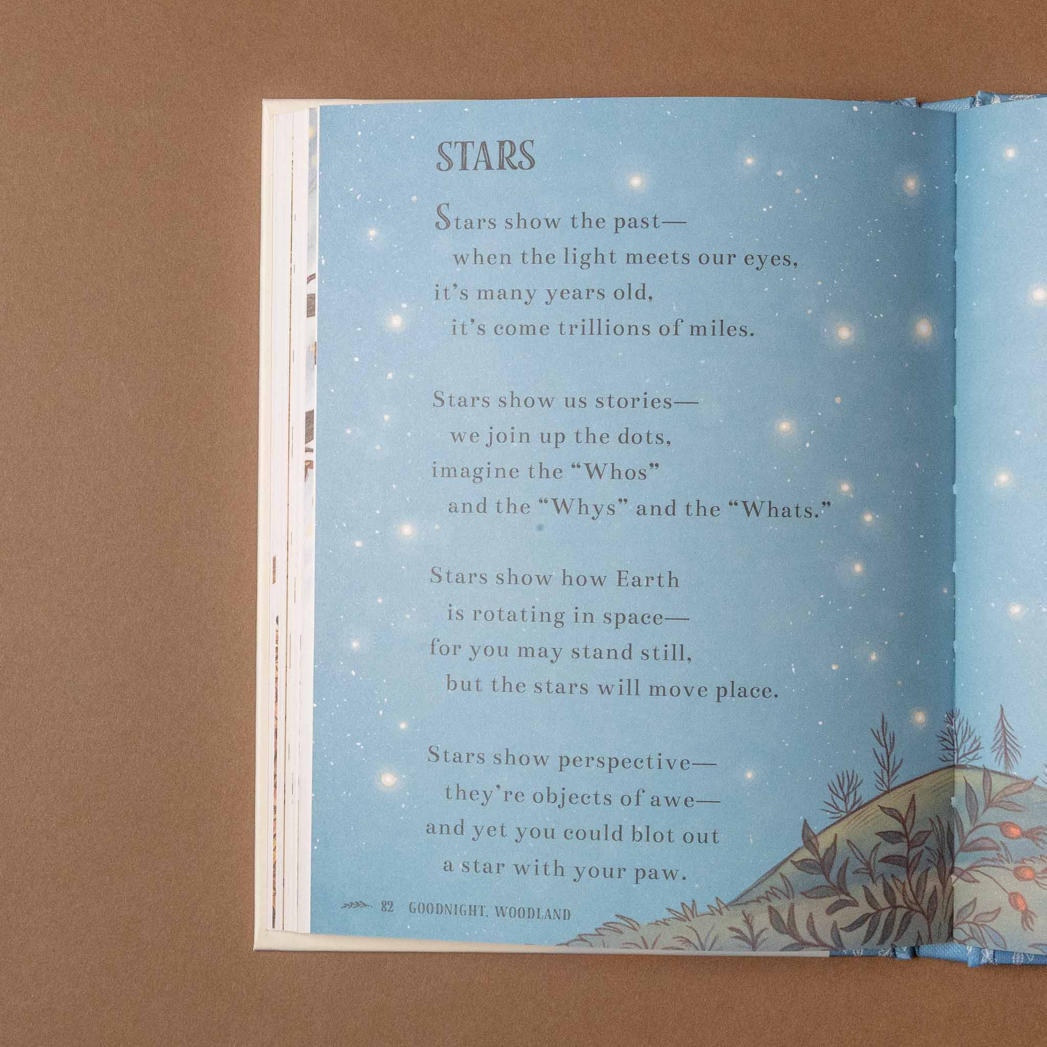 Open wisdom-of-the-woods with a starry night sky illustration and text on a brown background