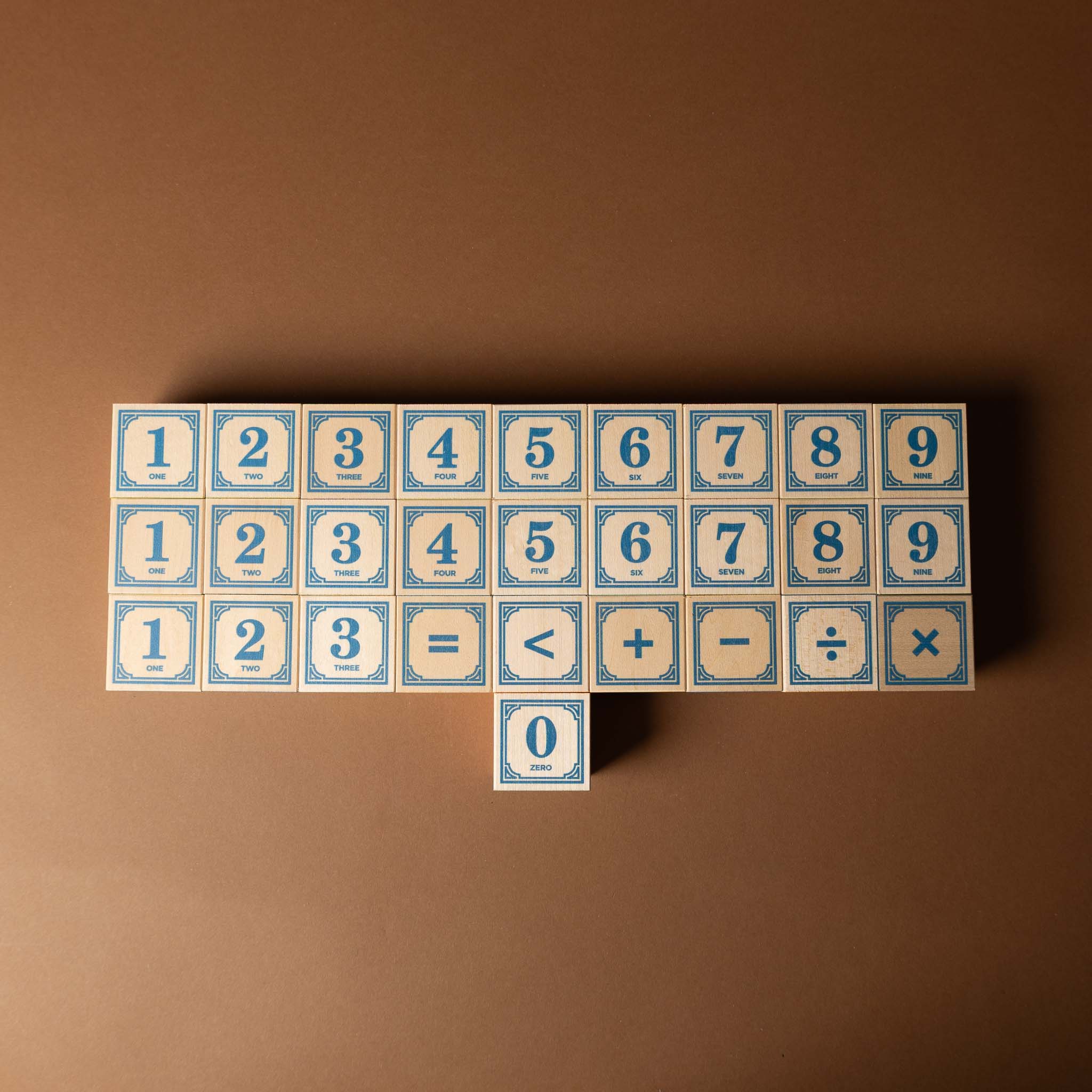 wooden-block-set-with-canvas-bag-classic-abcs Set of wooden blocks with numbers and mathematical symbols on a brown background