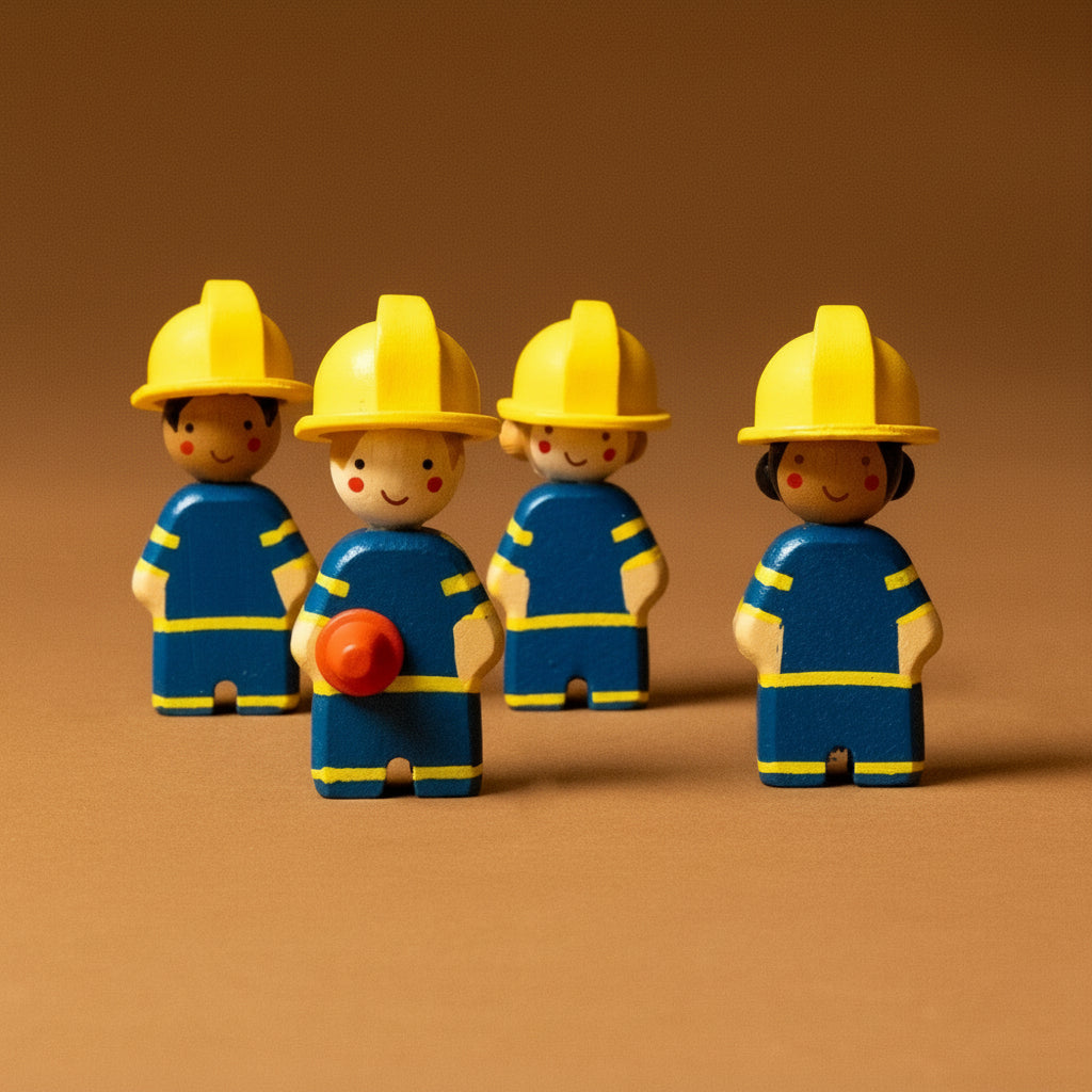 wooden-fire-engine-play-set Four toy figures of firefighters with yellow helmets and blue outfits on a brown background