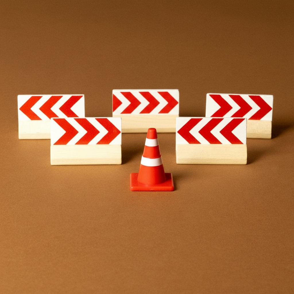 wooden-fire-engine-play-set Red and white striped traffic cone with construction signs on a brown background