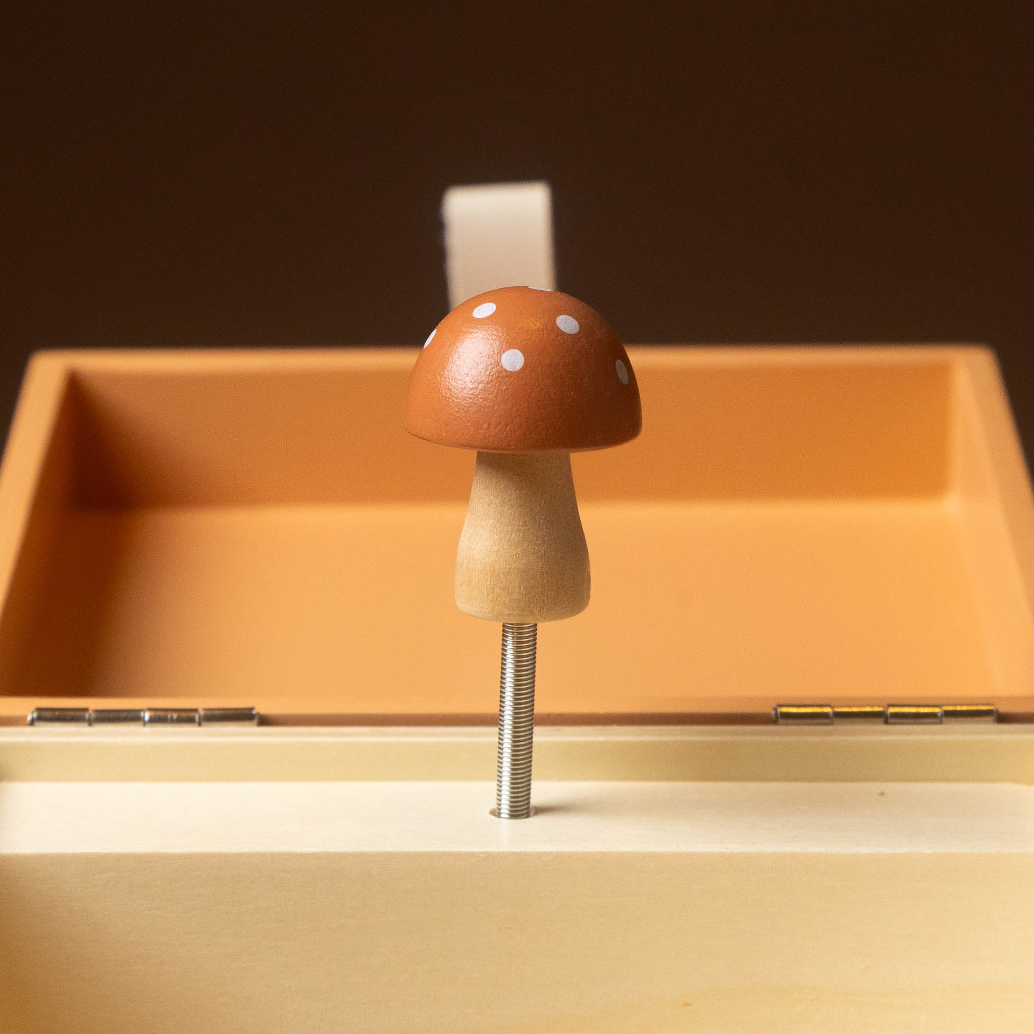 wooden-musical-treasures-box-nature close-up of a wooden mushroom-shaped box pull with a brown cap, white spots, and a natural wood stem, mounted on a metal rod inside a light wood box.