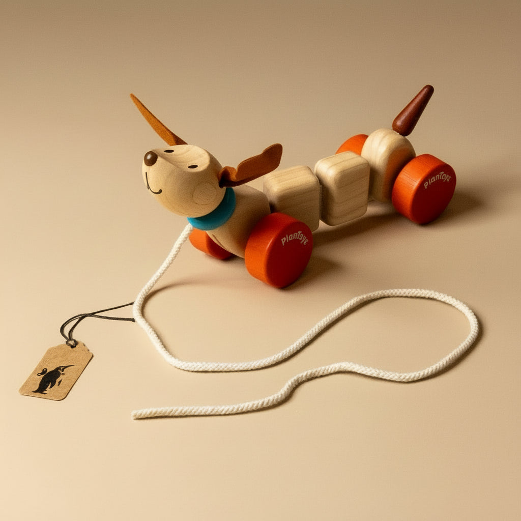 Wooden toy dog with red wheels on a beige background