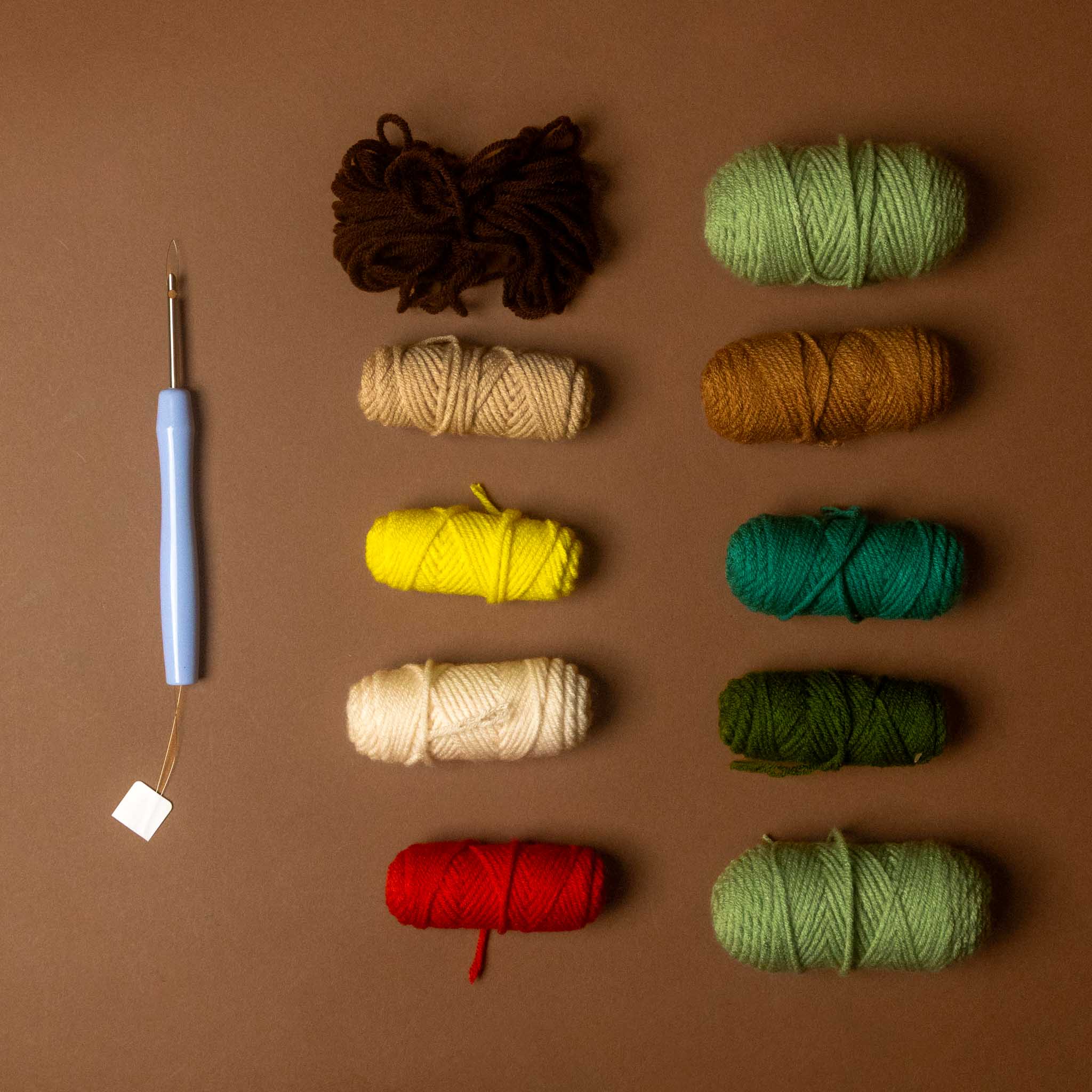 A crochet hook with a light blue handle is shown next to nine skeins of yarn in assorted colors, including dark brown, cream, mustard, yellow, teal, olive green, red, and light sage green, arranged on a solid brown background.