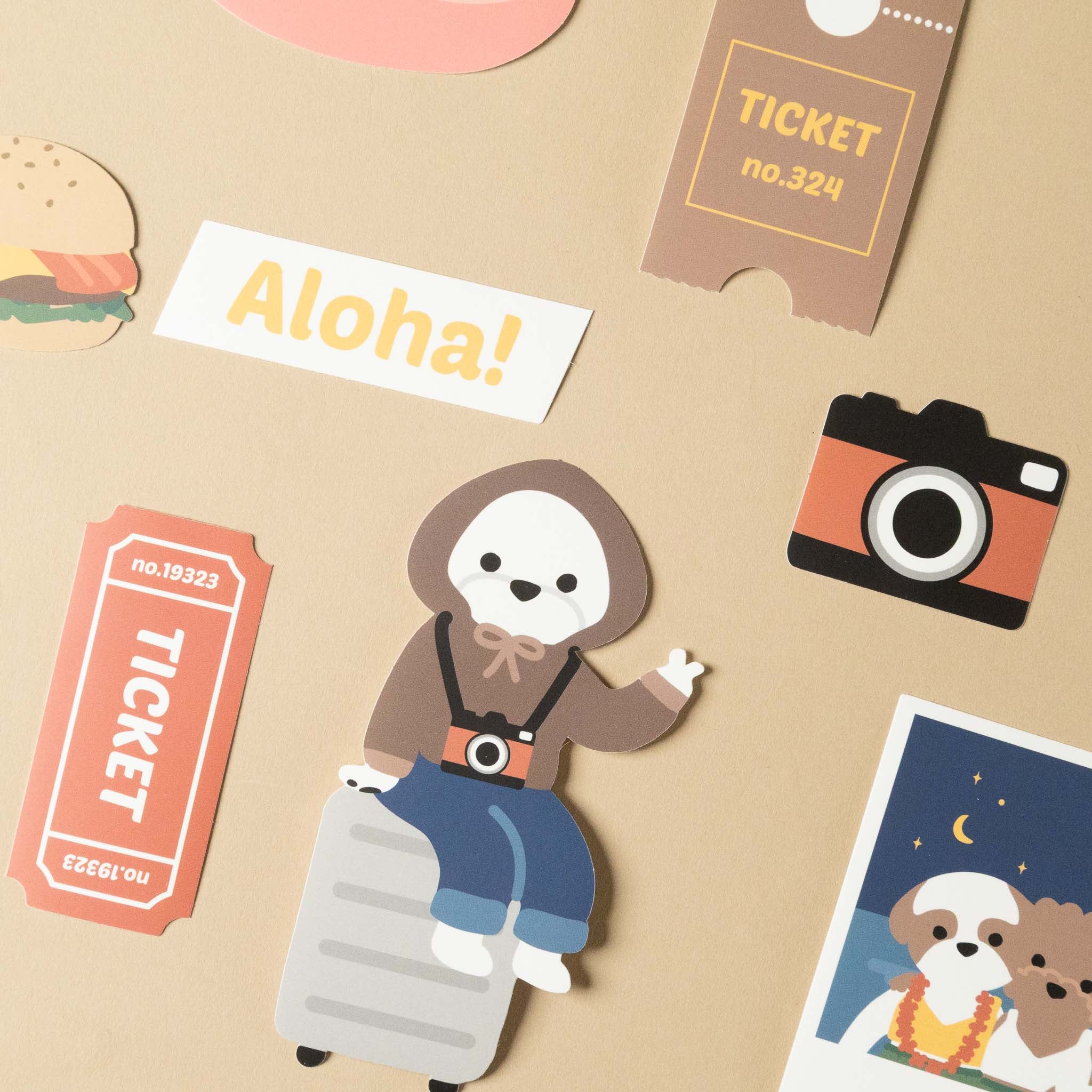 worldly-adventures-sticker-set character with a suitcase, 'Aloha!' sign, and ticket on a beige background