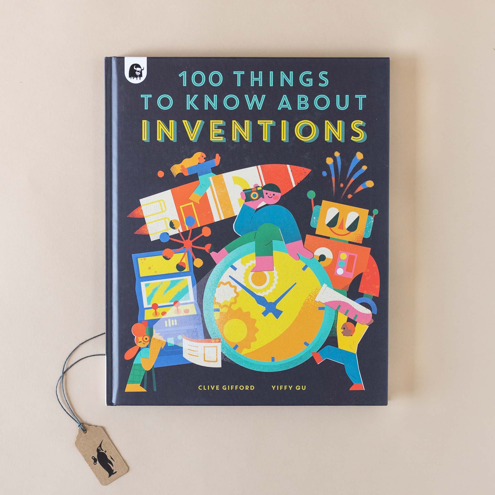 front-cover-of-100-things-to-know-about-inventions-illustrations-of-rockets-game-consoles-clocks-rockets-test-tubes-and-camera