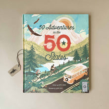 Load image into Gallery viewer, 50-adventures-in-the-50-states-book-cover-showing-two-bikers-and-a-VW-van-along-a-mountain-landscape