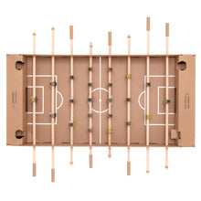 Load image into Gallery viewer, cardboard-foosball-table-overhead-image-of=game-board-with-cardboard-playing-field-with-little-characters-attached-to-each-rod