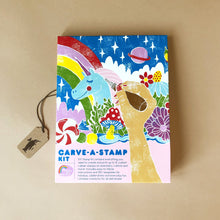 Load image into Gallery viewer, carve-a-stamp-kit-packaging-showing-illustrated-unicorn-and-rainbow