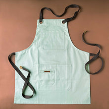 Load image into Gallery viewer, sage-cotton-twill-garden-apron-with-brown-ties-and-neck-loop-and-three-pockets