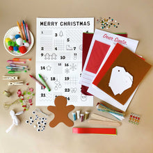 Load image into Gallery viewer, diy-advent0calendar-with-exmplae-sheet-cut-out-gingerbread-pomp-poms-drawing-utensils-sequins-pom-poms-popsicle-sticks-and-glitter