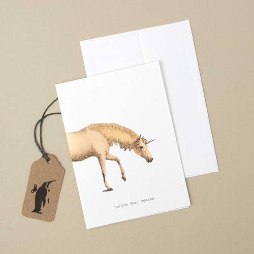 white-greetinf-card-with-unicorn-illustration-and-black-text-reading-follow-your-dreams