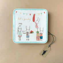 Load image into Gallery viewer, square-metal-tin-illustrated-with-celebrating-bunnies