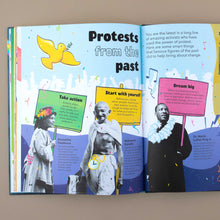 Load image into Gallery viewer, open-book-showing-a-colorfu-page-about-protesters-from-the-past-MLK-Mahatma-Ghandi-Emmeline-Pamkhurst
