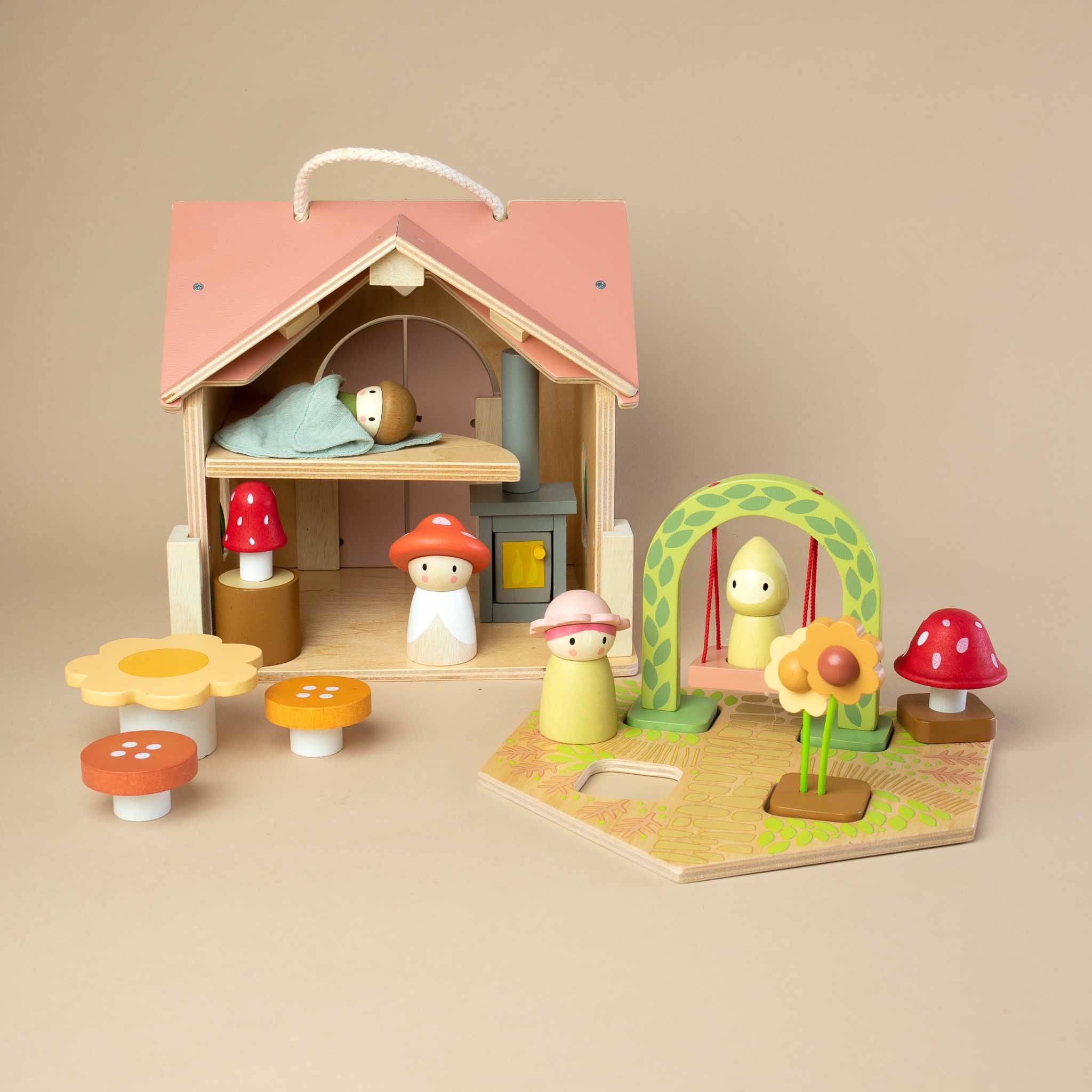 view-into-the-house-with-oven-and-sleeping-baby-mushroom-mom-and-other-baby-playing-outside-on-the-swing