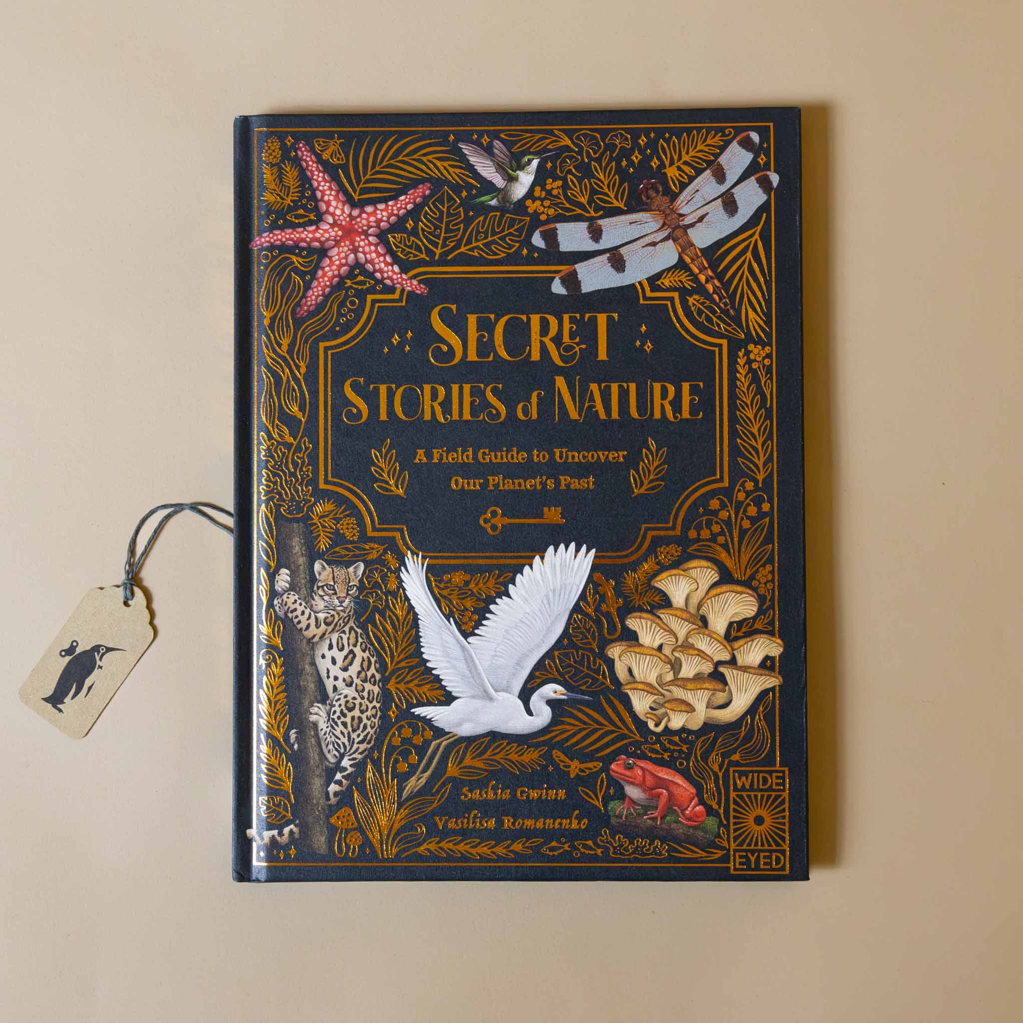 secret-stories-of-nature-book-navy-cover-with-gold-foil-text-images-of-dragonfly-starfish-leopard-frog-mushrooms-heron