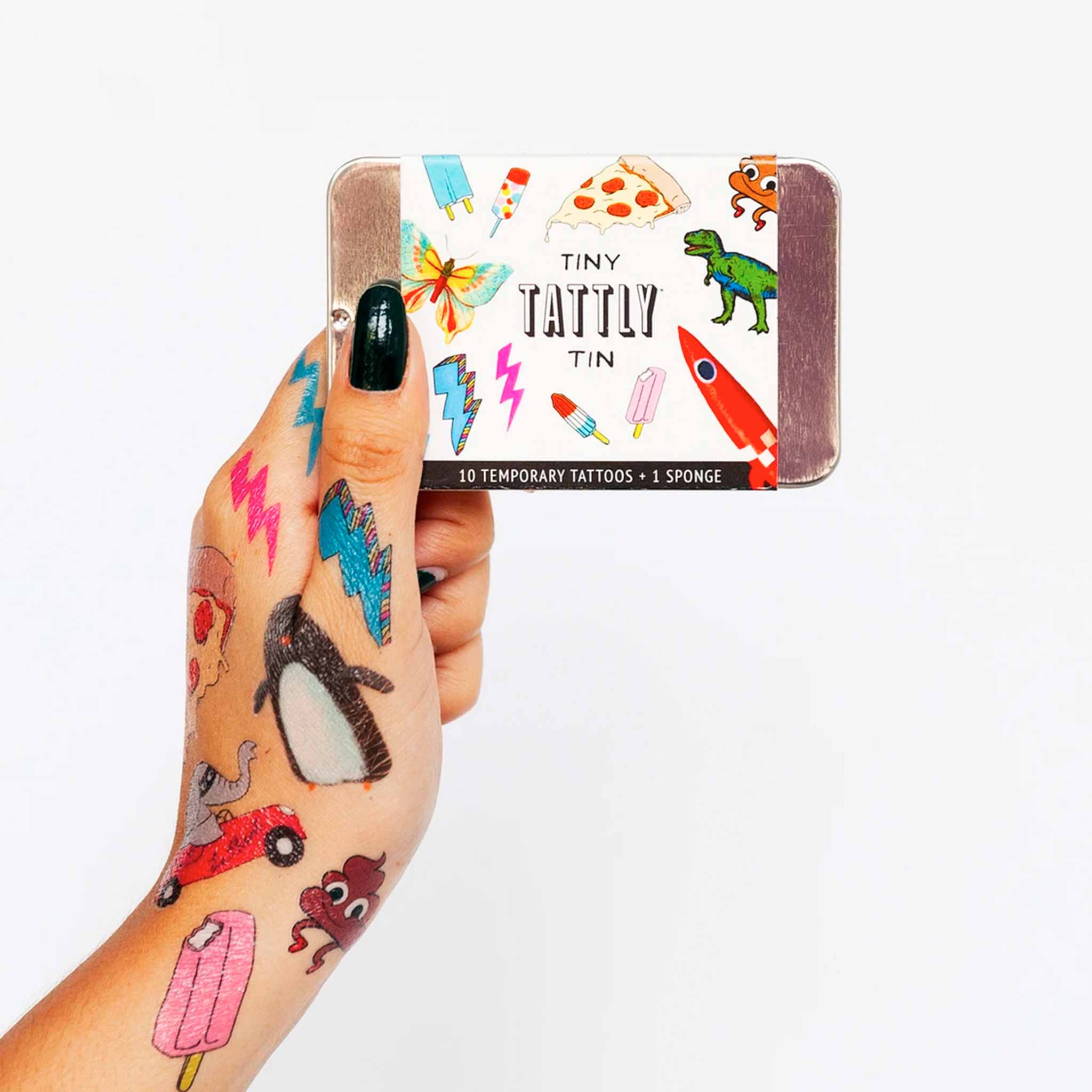 fun-tattoos-on-light-skinned-model-holding-metal-tin