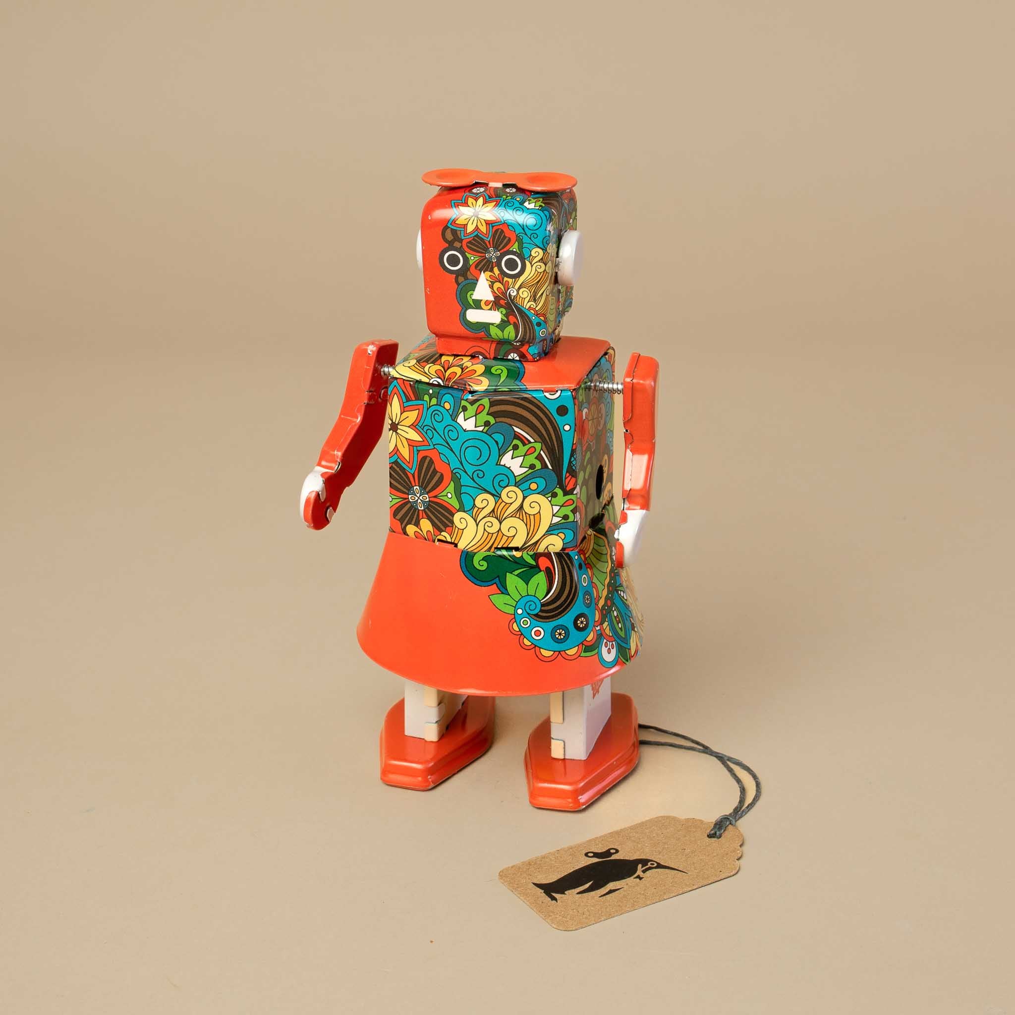 blossombot-tin-robot-orange-dress-with-art-deco-flower-design