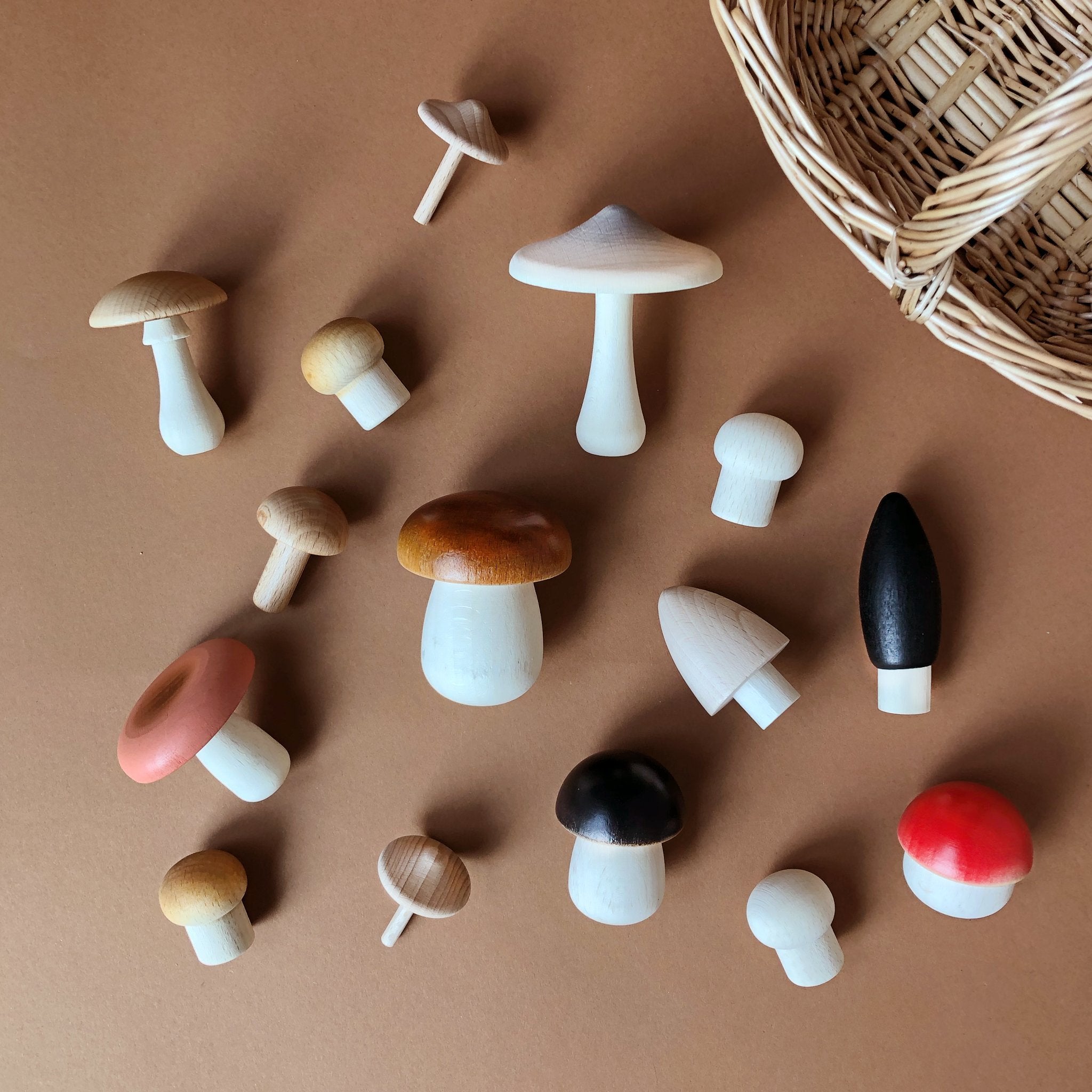 wooden-forest-mushrooms-in-variety-of-wood-tones-and-paint-colors