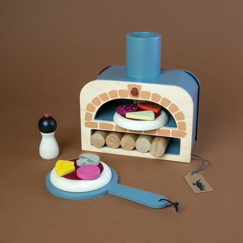wooden-grey-pizza-oven-with-five-wooden-logs-and-two-pizzas-with-toppings