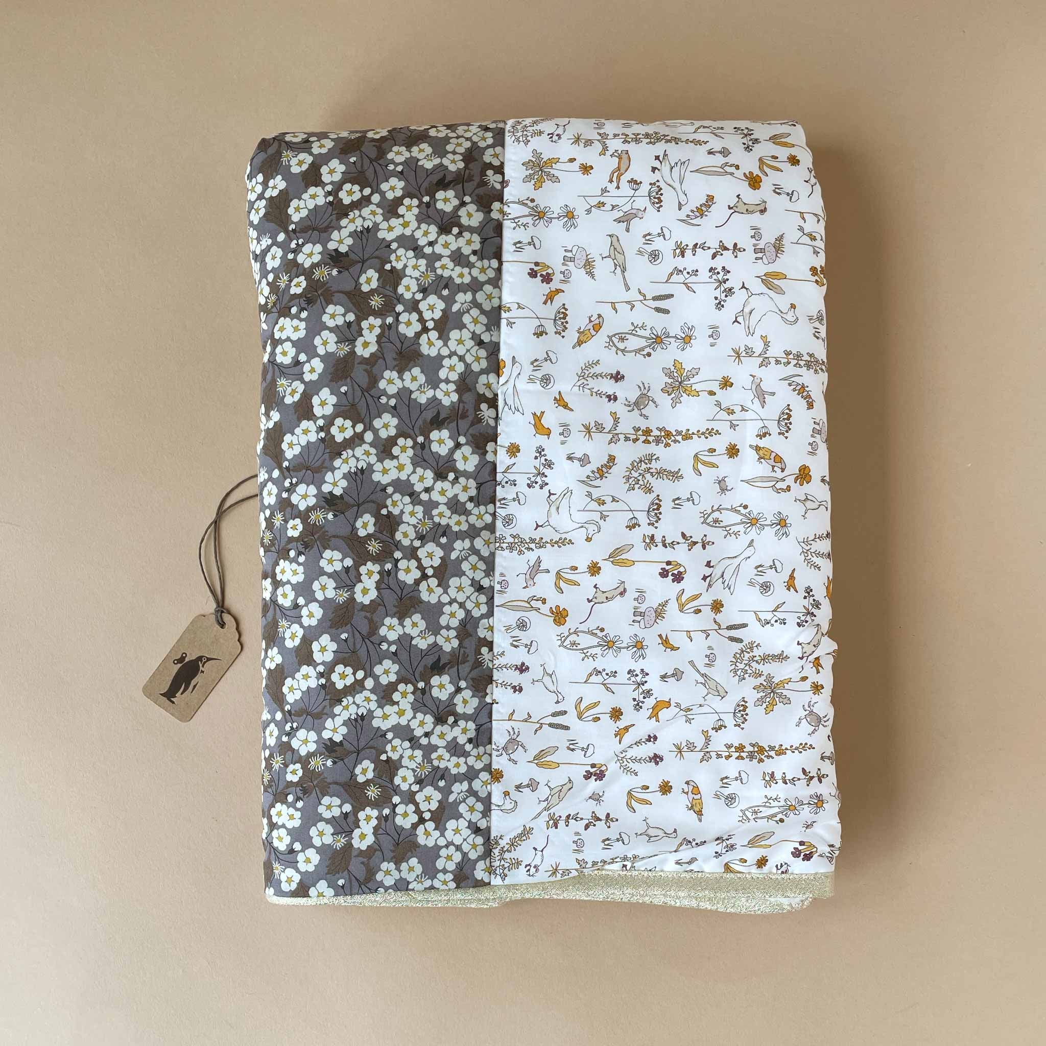 liberty-blanket-camille-with-soft-browns-yellows-and-white-floral-fabric-and-sherpa-lining-with-gold-lame-binding