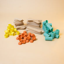 Load image into Gallery viewer, sorted-pieces-wood-sticks-aqua-tubes-orange-cups-and-yellow-short-tubes