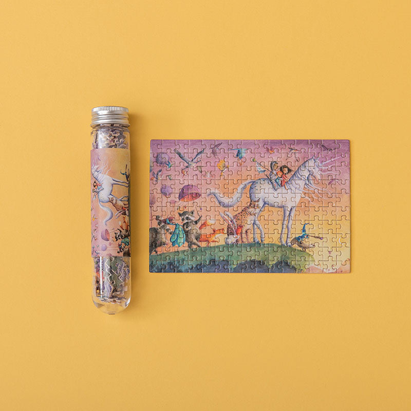 150-piece-micro-puzzle-my-unicorn with a colorful design of people and unicorn on a yellow background