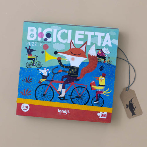 36-piece-pocket-puzzle-bicicletta-box-with-fox-buggleing-wiht-chick-in-tow-on-a-unicyle