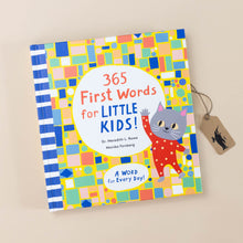 Load image into Gallery viewer, 365-first-words-for-little-kids-book-cover-with-colorful-tiled-shapes-and-a-kitten-introducing-the-title
